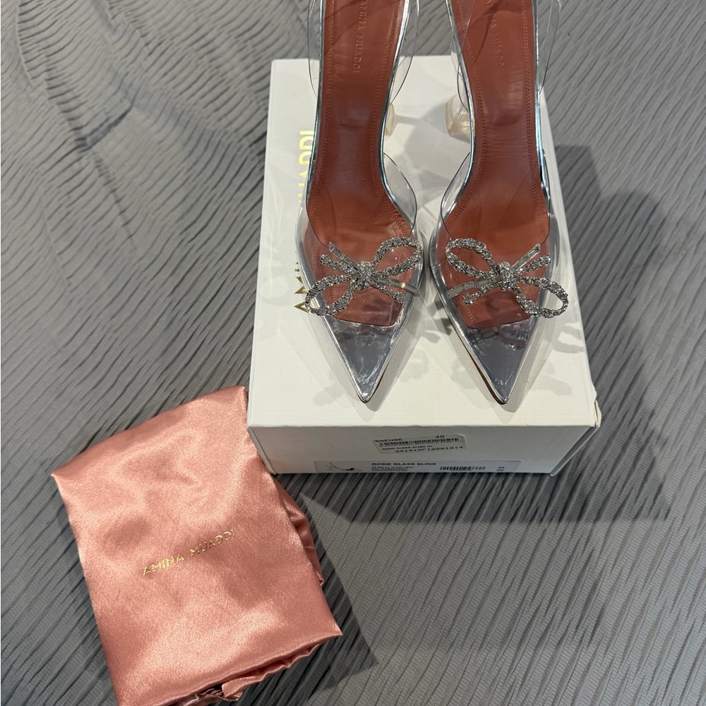 Amina Muaddi Rosie Glass Sling Heels with Bow